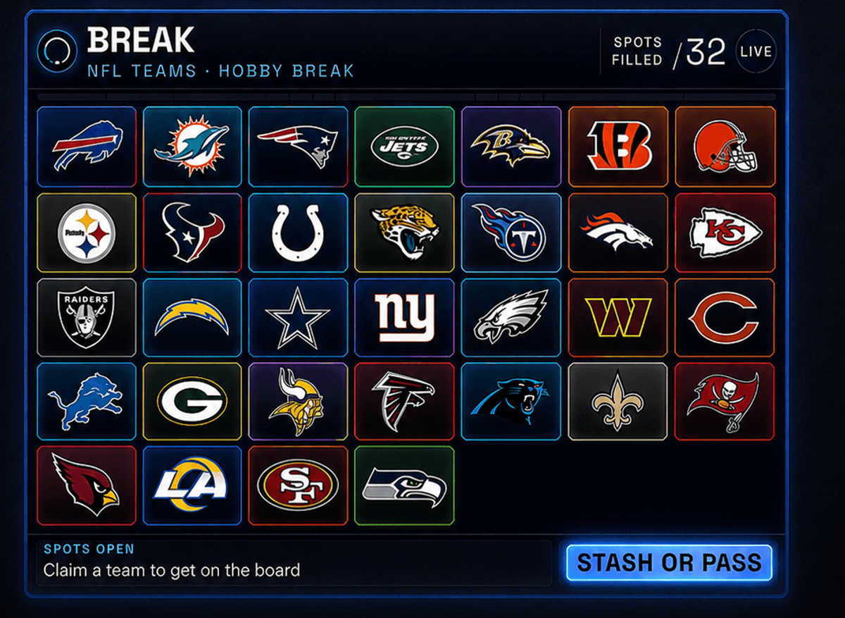 The RYLI breaker board on a live stream: a grid of NFL team tiles with a spots-filled counter, a SPOTS OPEN prompt and a Stash or Pass sign