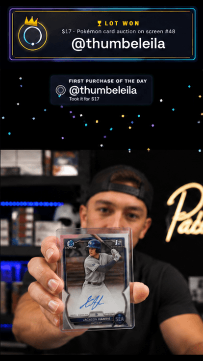 A LOT WON celebration card with confetti over a live card auction