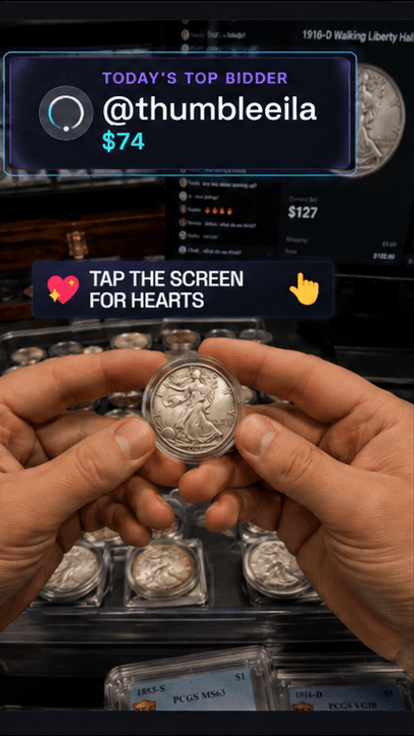 Today's top bidder and a tap-for-hearts prompt over a live coin auction