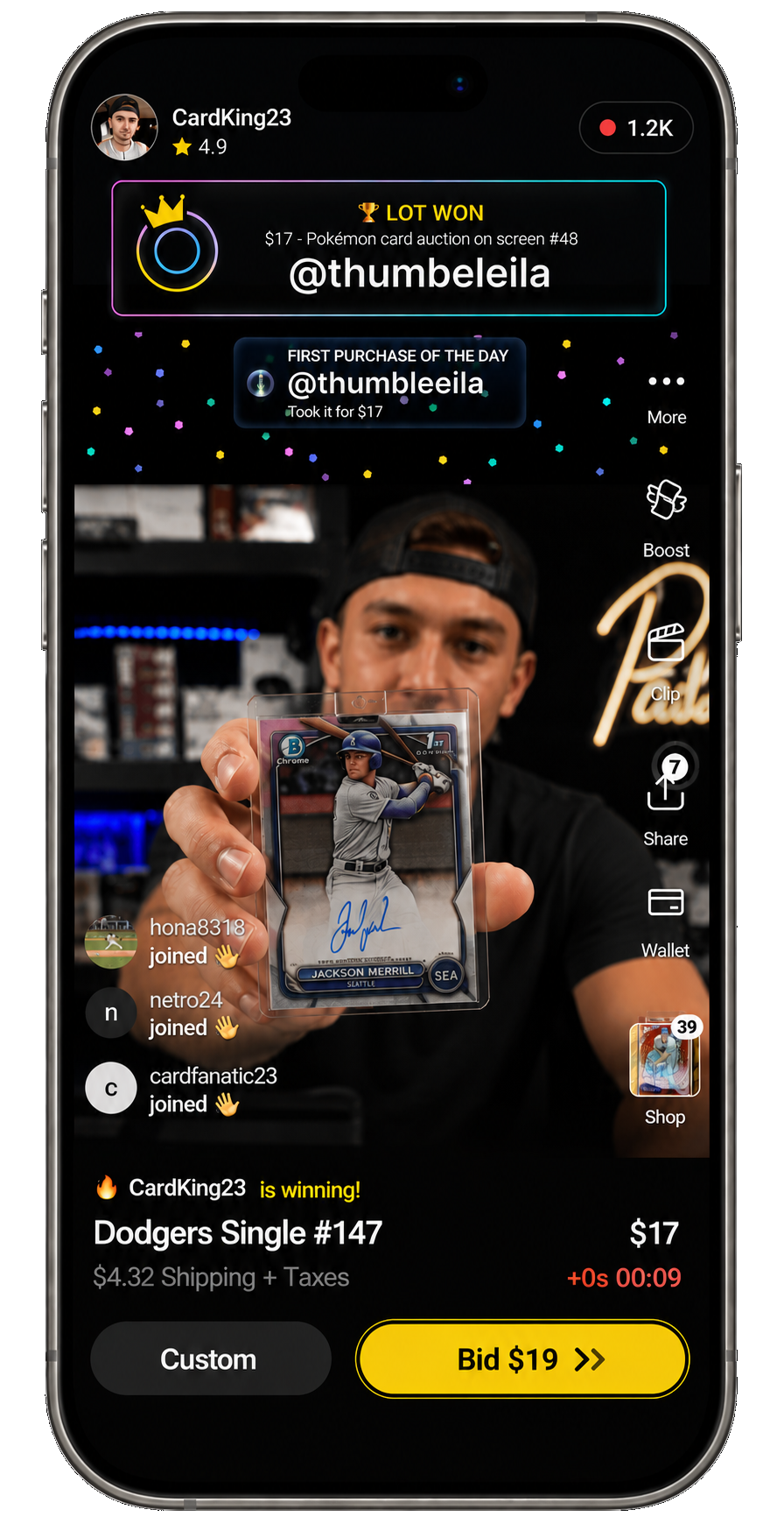 RYLI overlay running live on a Whatnot stream, viewed on a phone