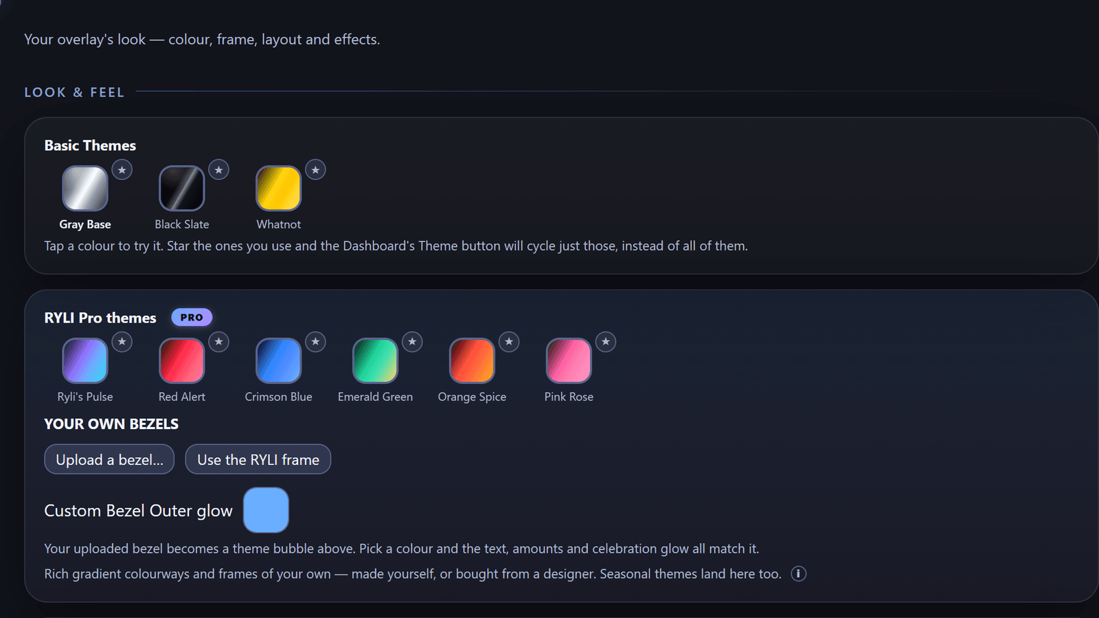 RYLI theme picker showing free and premium themes