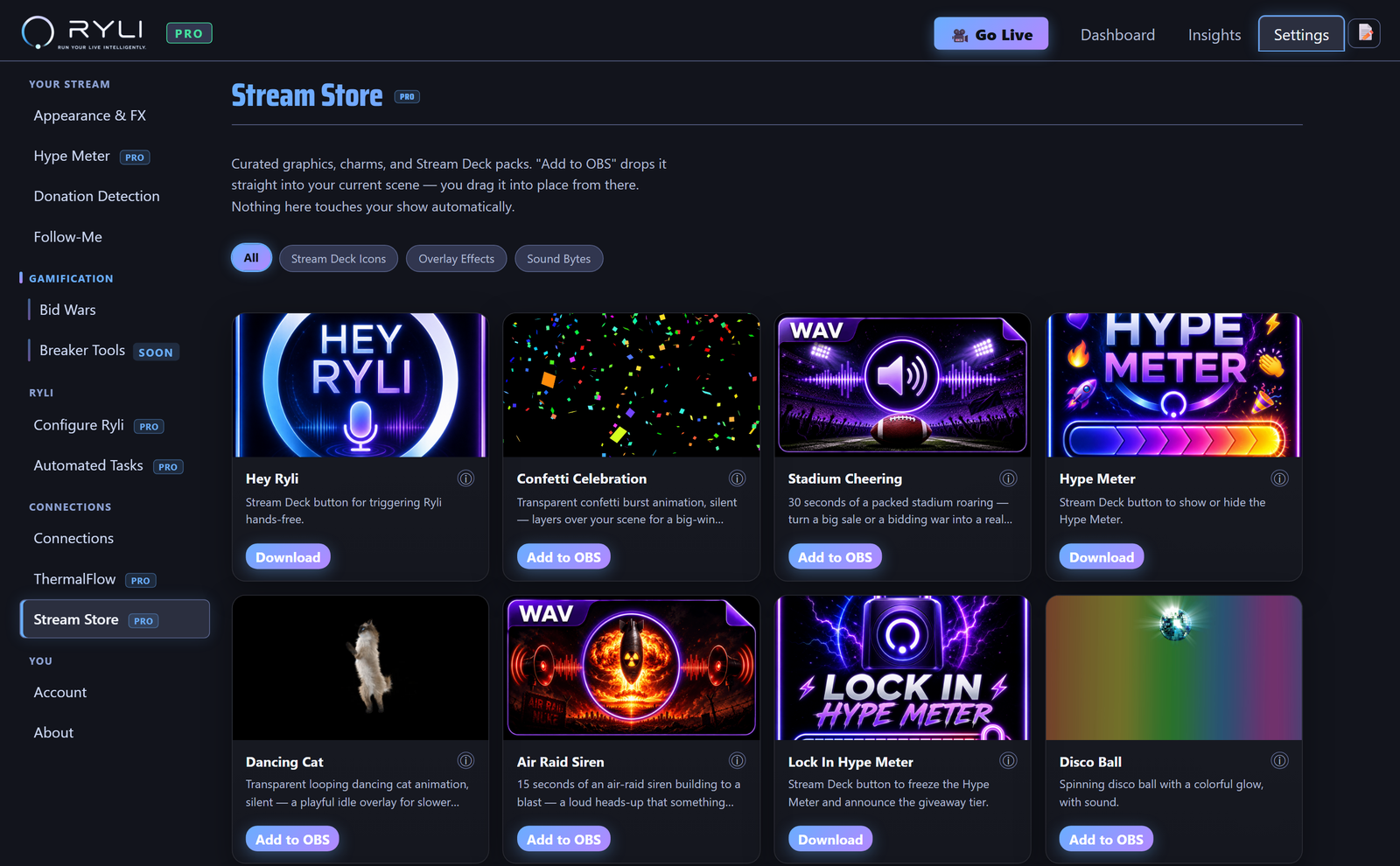 RYLI Stream Store showing overlay effects and Stream Deck icon packs