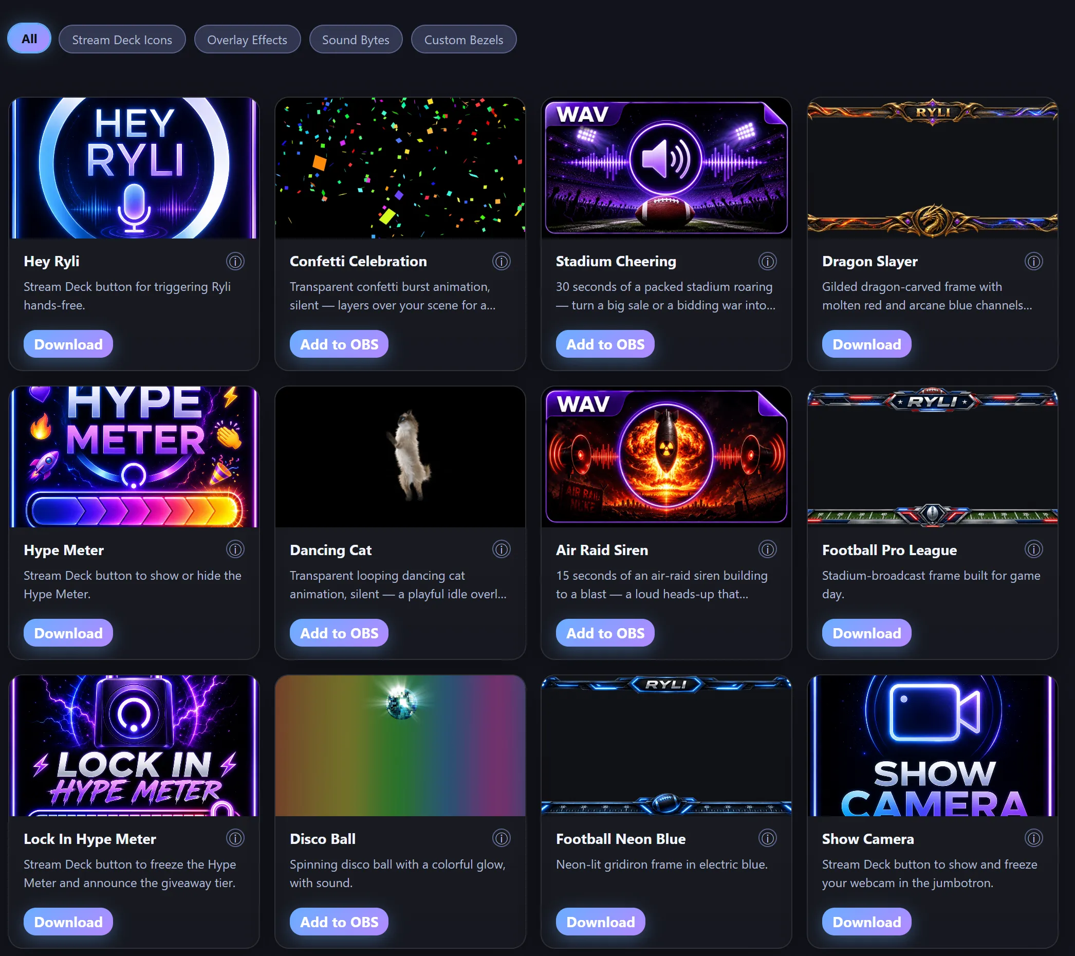 The RYLI Stream Store: filter chips for Stream Deck Icons, Overlay Effects, Sound Bytes and Custom Bezels, above a grid of real items each with an Add to OBS or Download button